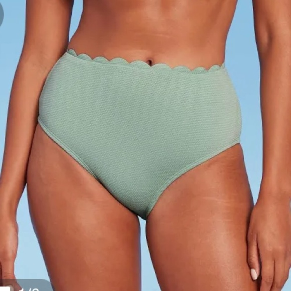 (S)- Kona Sol Women's Scalloped Pique Modern Coverage High Waist Bikini Bottom